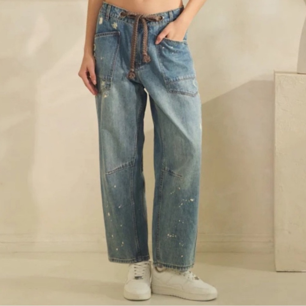 NEW🤍Oli & Hali Washed Paint Splattered Barrel Jeans Small Oversized